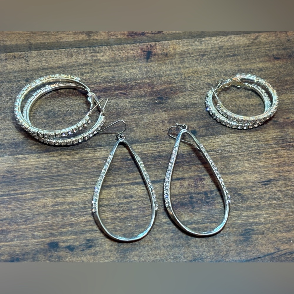 Rhinestone Earrings Bundle, 3 Sets, Silver Tone